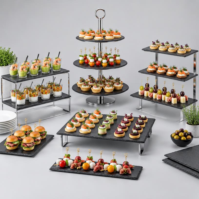 Buffet display stands with canapés